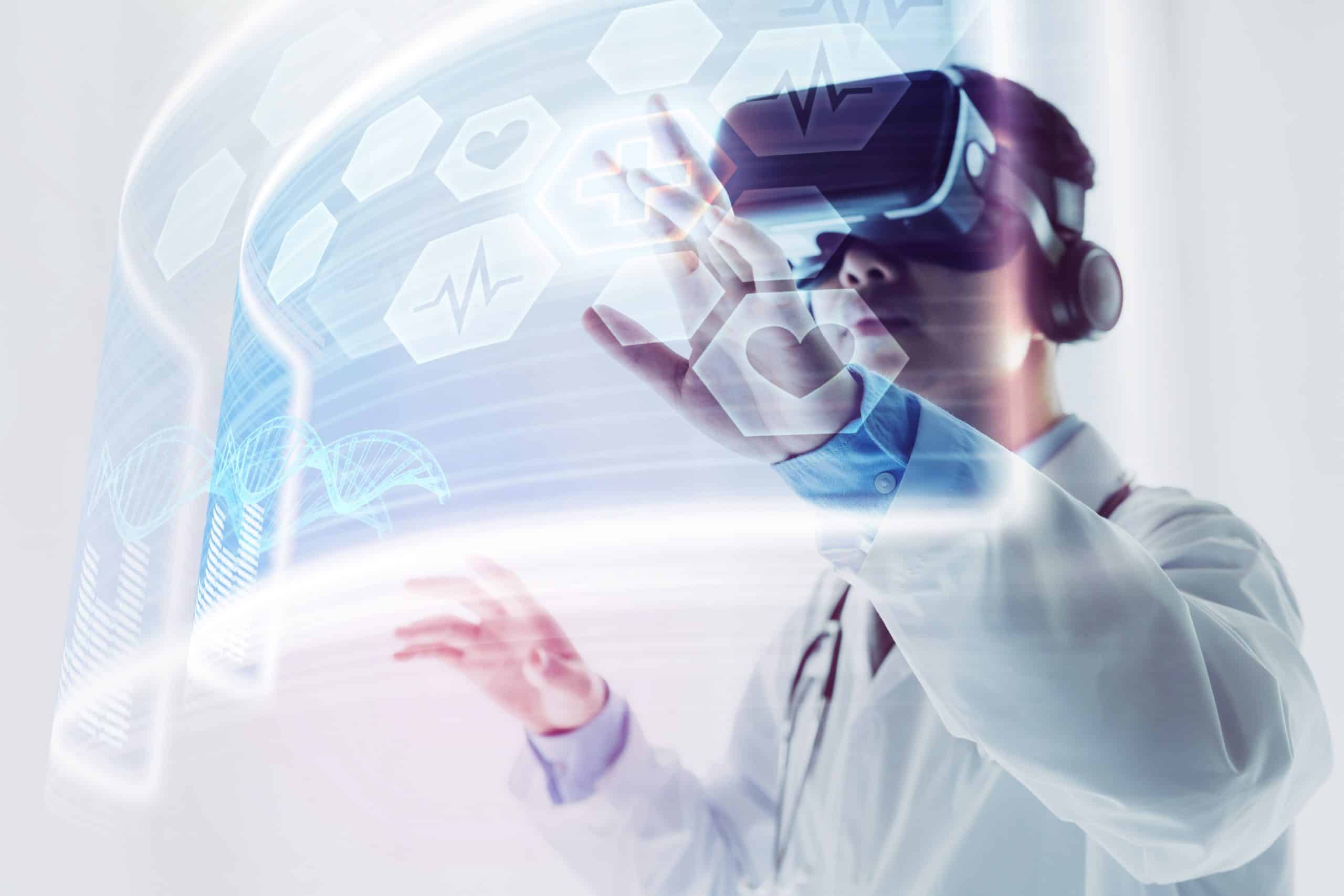 The doctor using virtual reality headset to research, innovation technology of medical concept